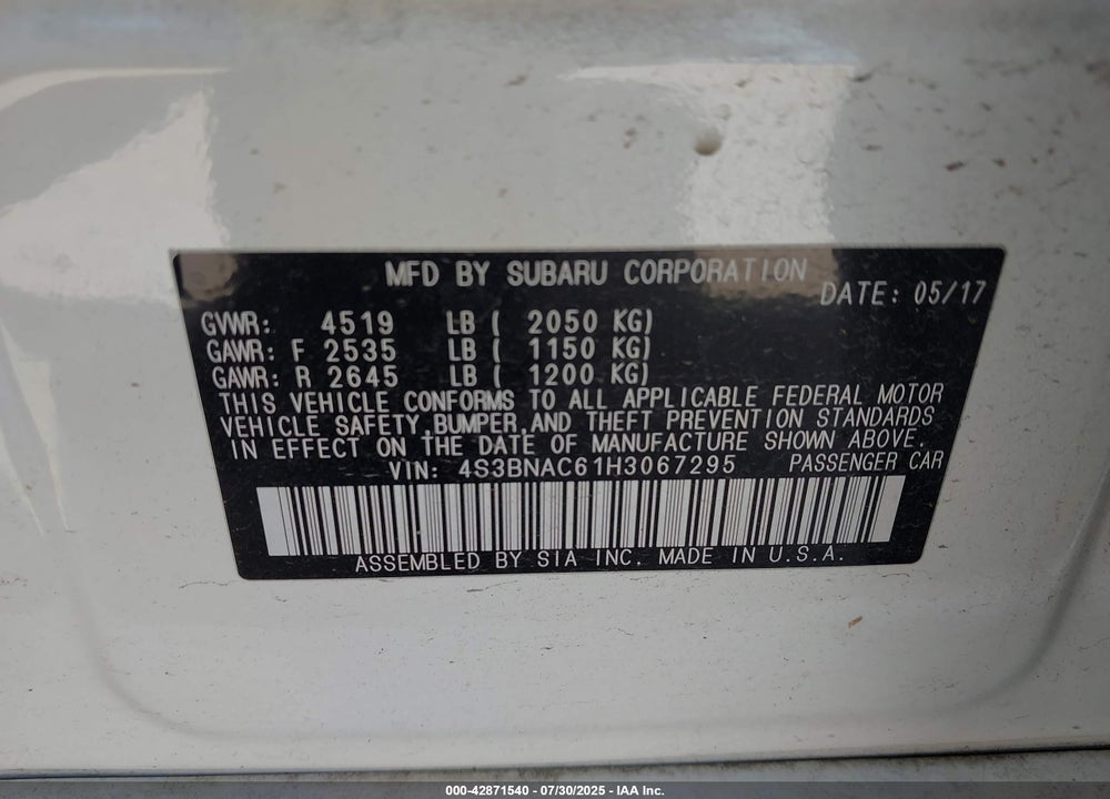 2017 SUBARU LEGACY VIN: 4S3BNAC61H3067295
