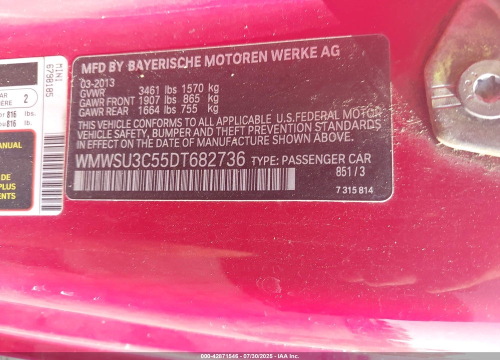 2013 MINI HARDTOP VIN: WMWSU3C55DT682736