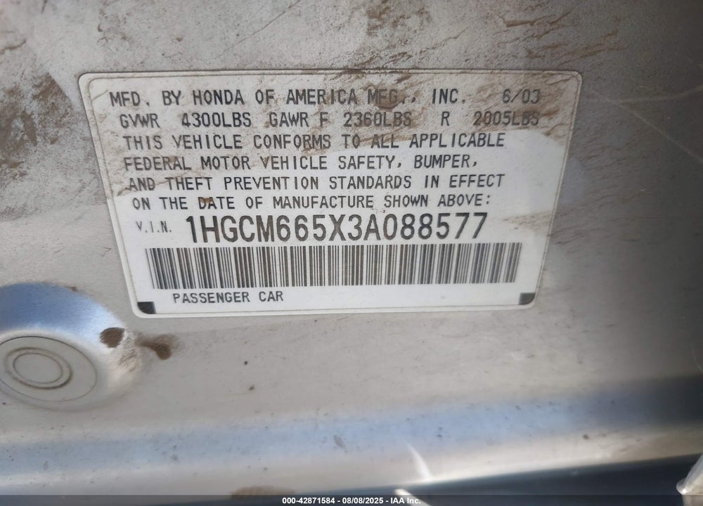 2003 HONDA ACCORD 3.0 EX VIN: 1HGCM665X3A088577