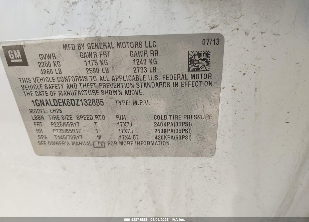 2013 CHEVROLET EQUINOX VIN: 1GNALDEK6DZ132895