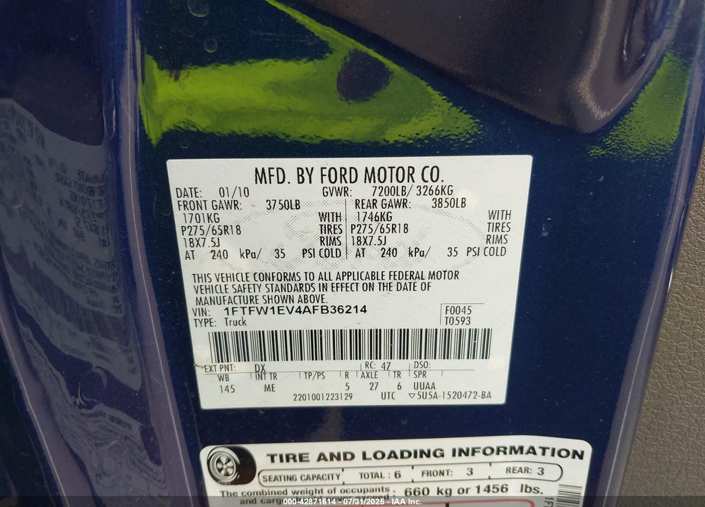 2010 FORD F-150 FX4/HARLEY-DAVIDSON/KING RANCH/LARIAT/PLATINUM/XL/XLT VIN: 1FTFW1EV4AFB36214