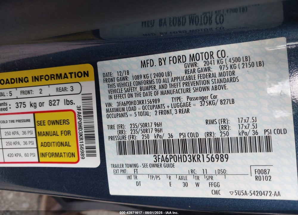 2019 FORD FUSION VIN: 3FA6P0HD3KR156989