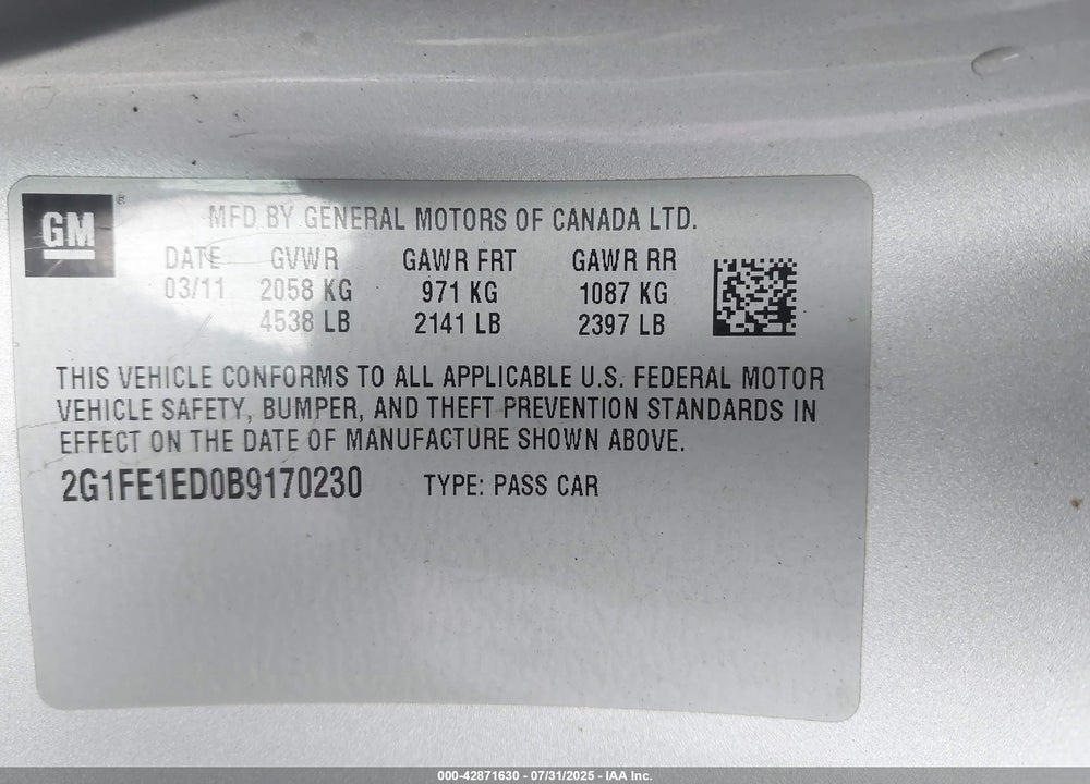 2011 CHEVROLET CAMARO VIN: 2G1FE1ED0B9170230