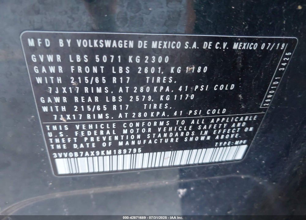 2019 VOLKSWAGEN TIGUAN 2.0T S VIN: 3VV0B7AX9KM189795