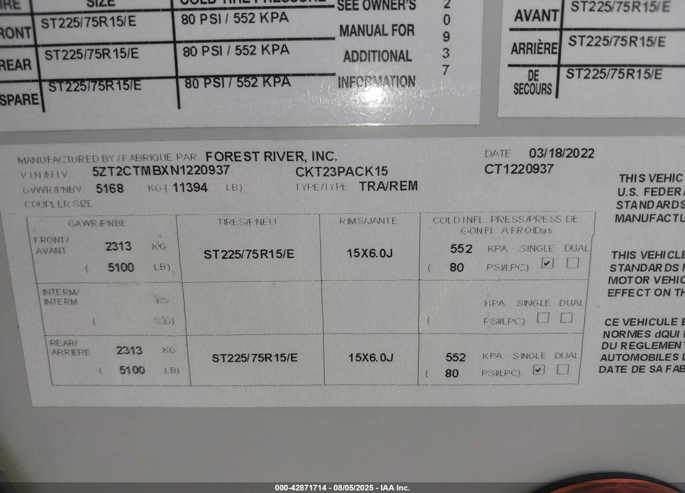 2022 FOREST RIVER CKT23P15 VIN: 5ZT2CTMBXN1220937