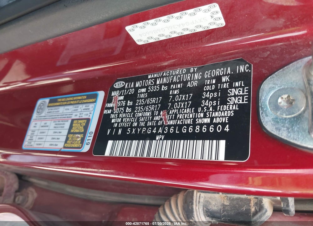 2020 KIA SORENTO VIN: 5XYPG4A36LG686604