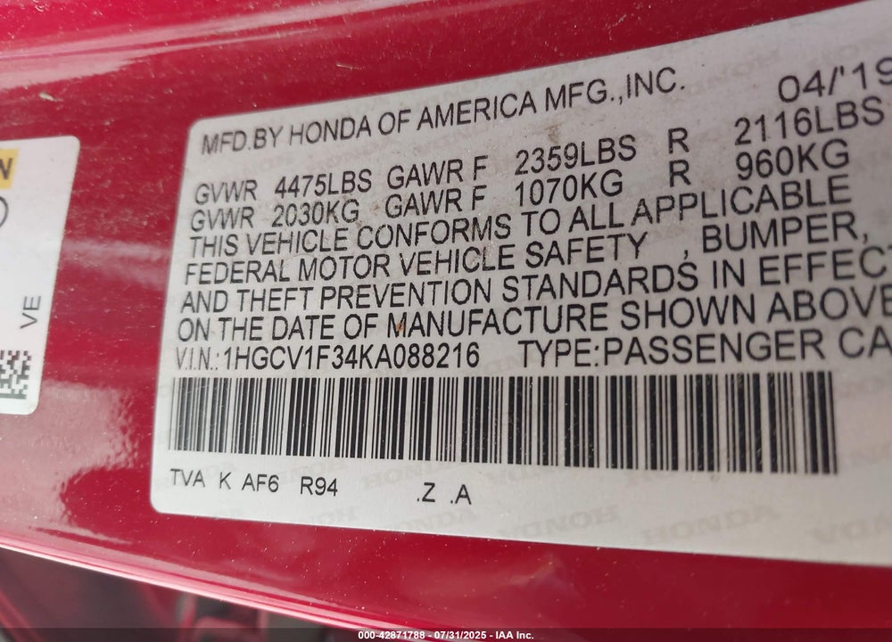 2019 HONDA ACCORD VIN: 1HGCV1F34KA088216