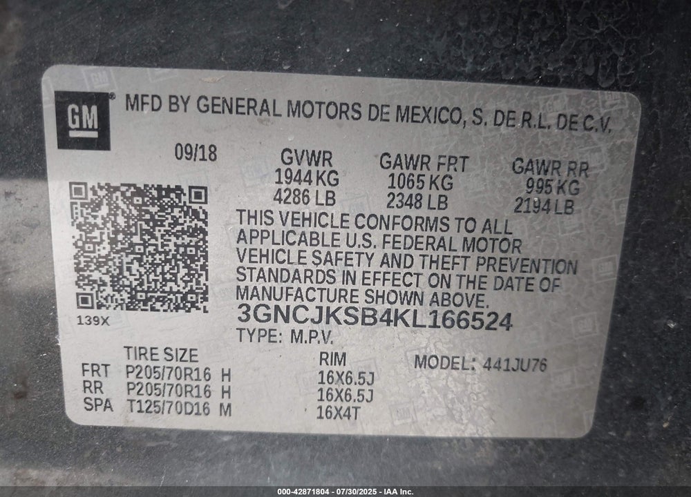 2019 CHEVROLET TRAX VIN: 3GNCJKSB4KL166524
