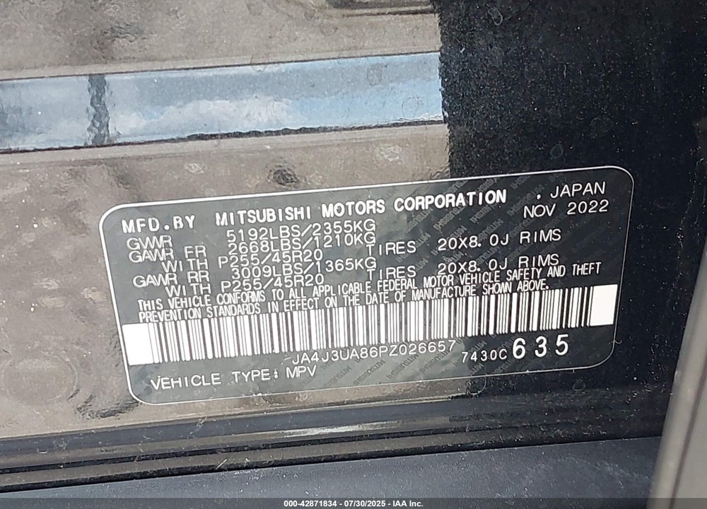 2023 MITSUBISHI OUTLANDER VIN: JA4J3UA86PZ026657
