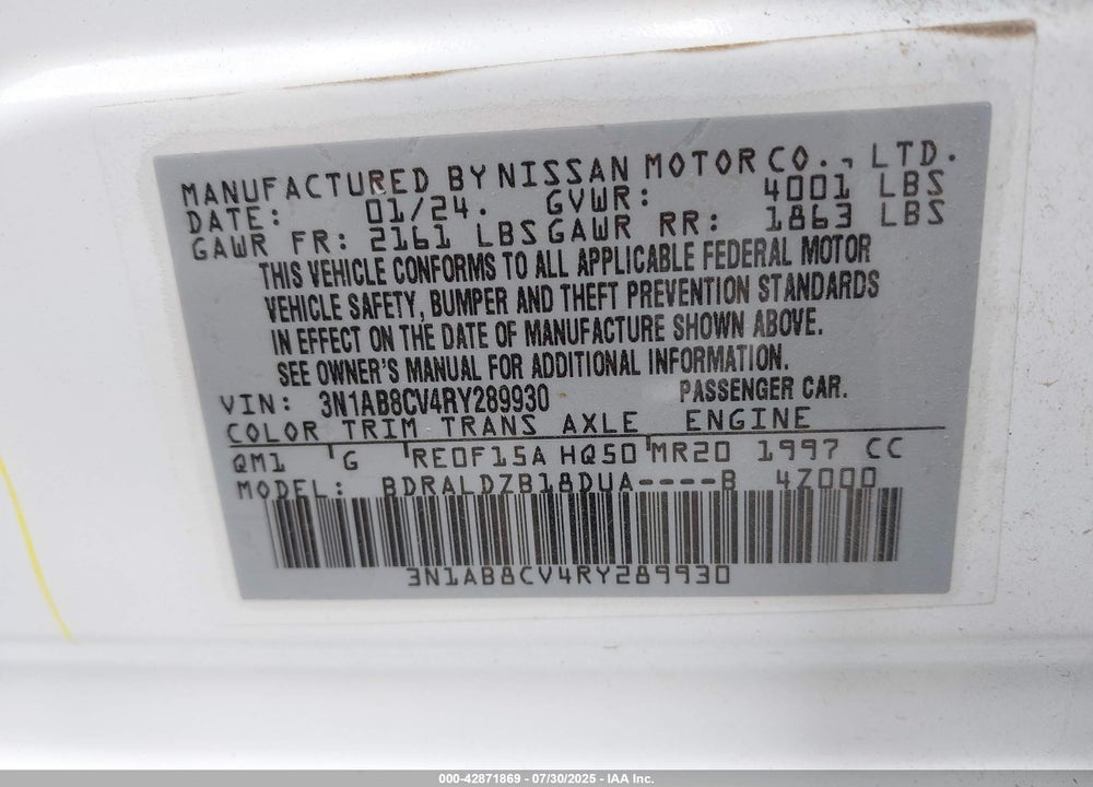 2024 NISSAN SENTRA VIN: 3N1AB8CV4RY289930