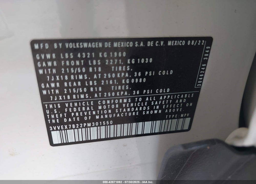 2023 VOLKSWAGEN TAOS VIN: 3VVEX7B22PM301550