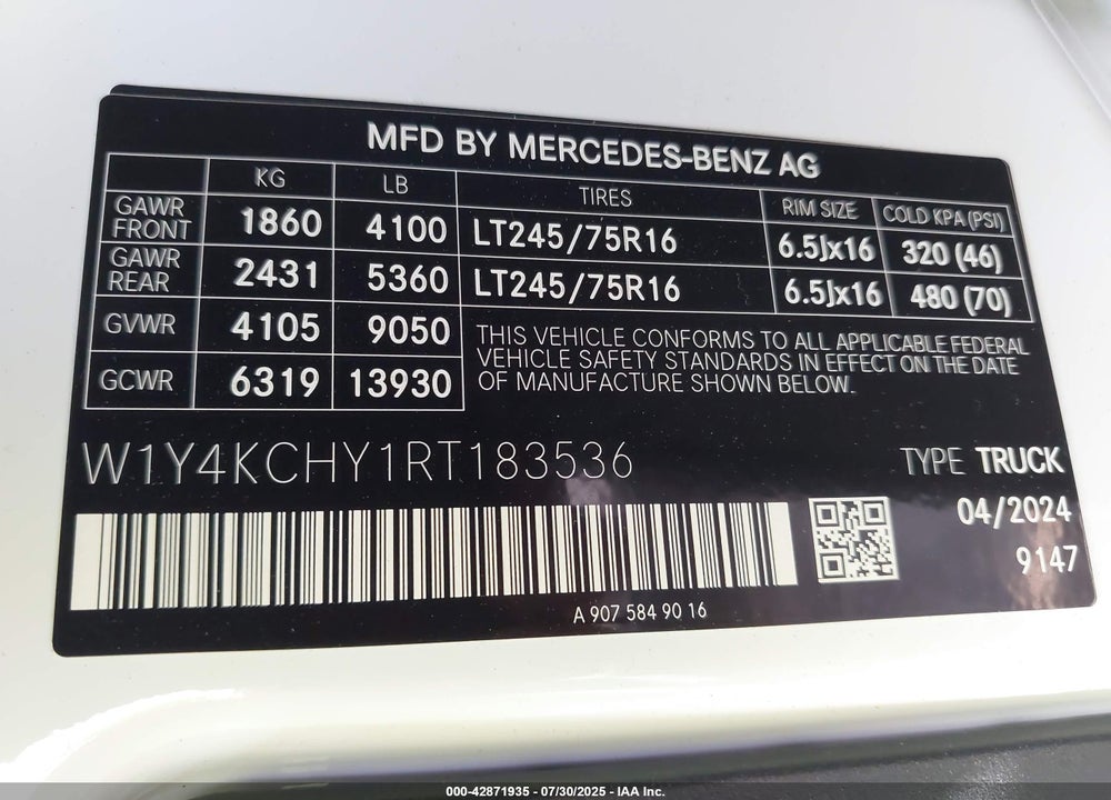 2024 MERCEDES-BENZ SPRINTER 2500 VIN: W1Y4KCHY1RT183536