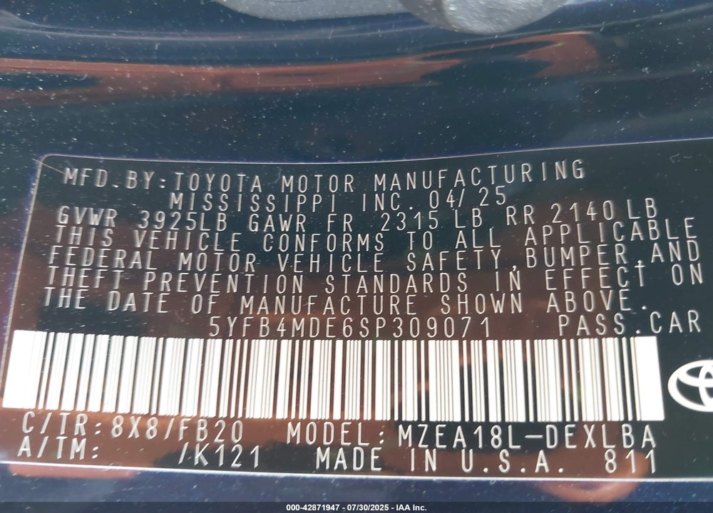 2025 TOYOTA COROLLA VIN: 5YFB4MDE6SP309071