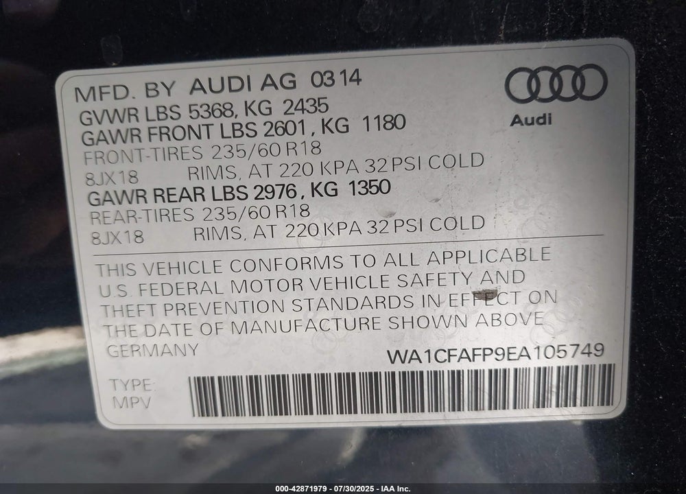 2014 AUDI Q5 VIN: WA1CFAFP9EA105749