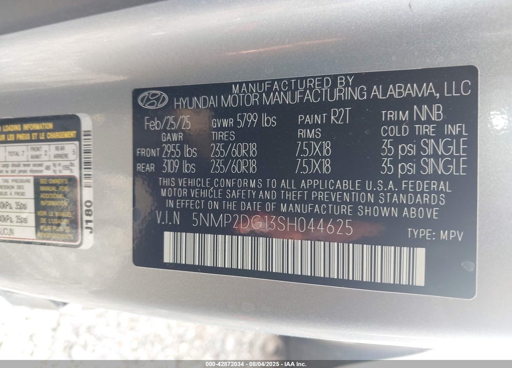 2025 HYUNDAI SANTA FE HYBRID SEL VIN: 5NMP2DG13SH044625