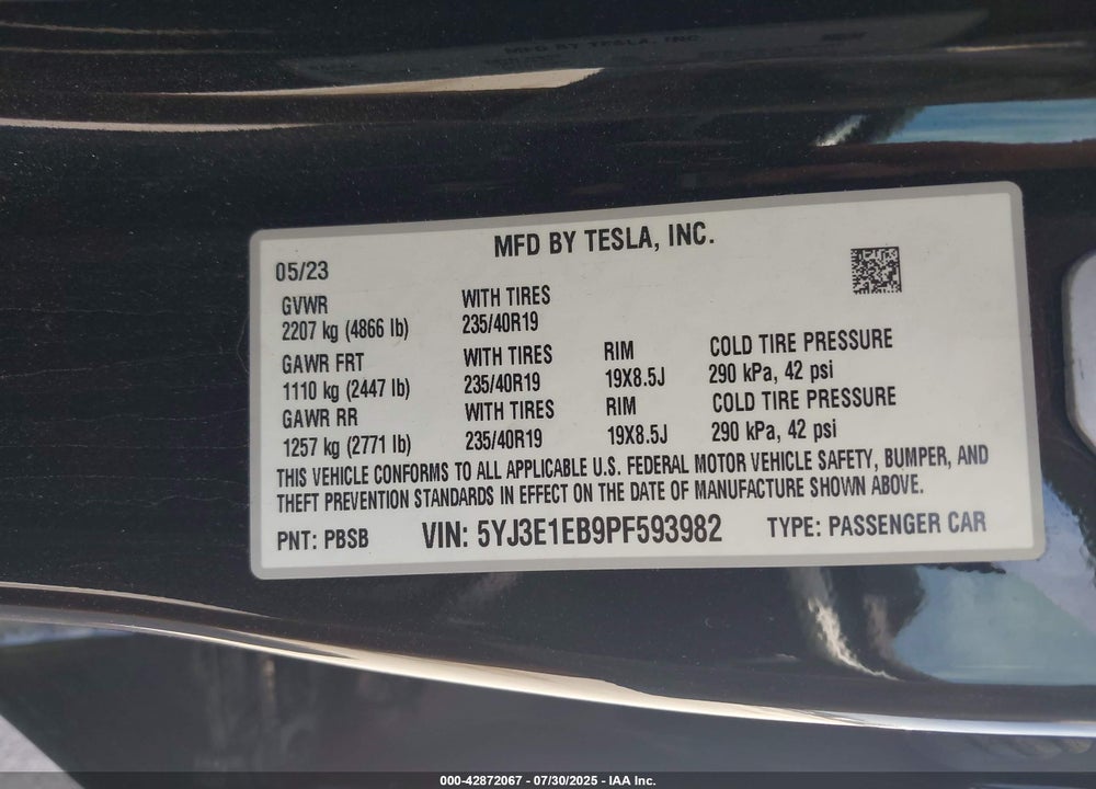 2023 TESLA MODEL 3 VIN: 5YJ3E1EB9PF593982