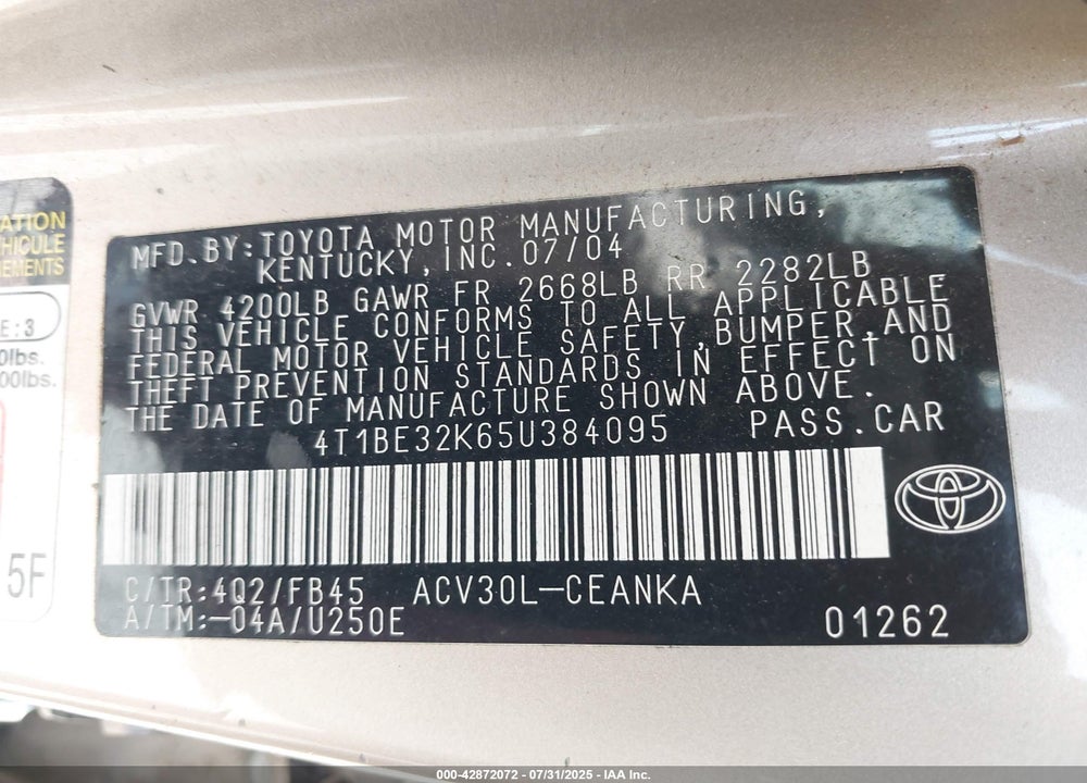2005 TOYOTA CAMRY LE VIN: 4T1BE32K65U384095