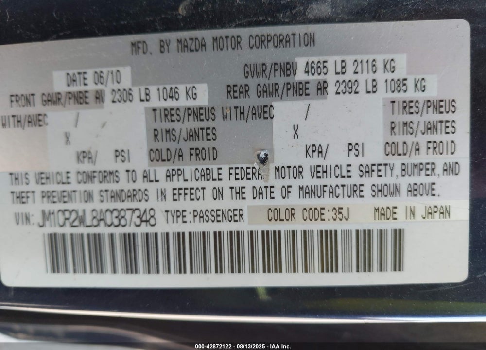 2010 MAZDA 5 VIN: JM1CR2WL8A0387348
