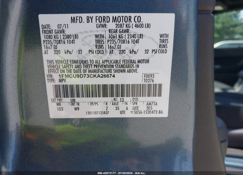 2012 FORD ESCAPE VIN: 1FMCU9D73CKA26674