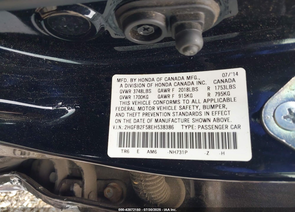 2014 HONDA CIVIC VIN: 2HGFB2F58EH538386