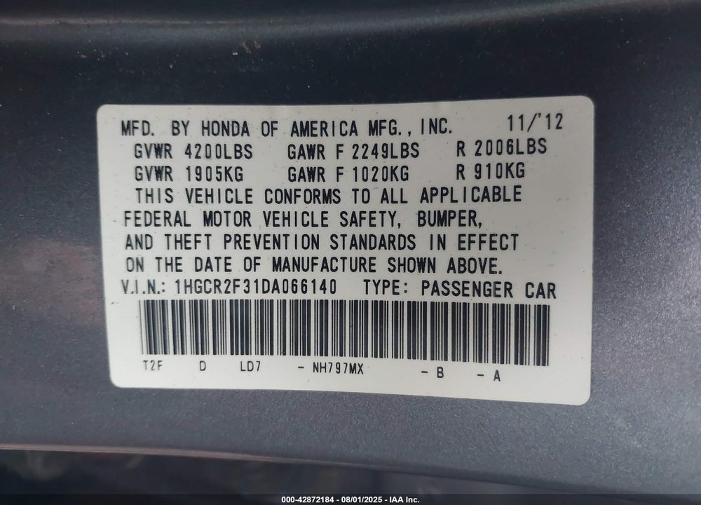 2013 HONDA ACCORD LX VIN: 1HGCR2F31DA066140