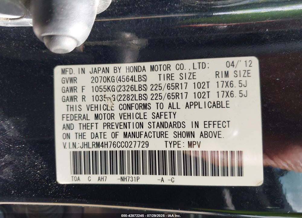 2012 HONDA CR-V VIN: JHLRM4H76CC027729