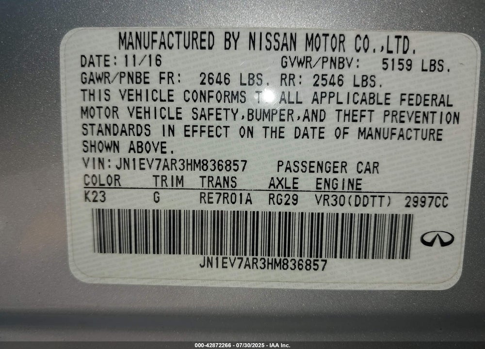 2017 INFINITI Q50 VIN: JN1EV7AR3HM836857