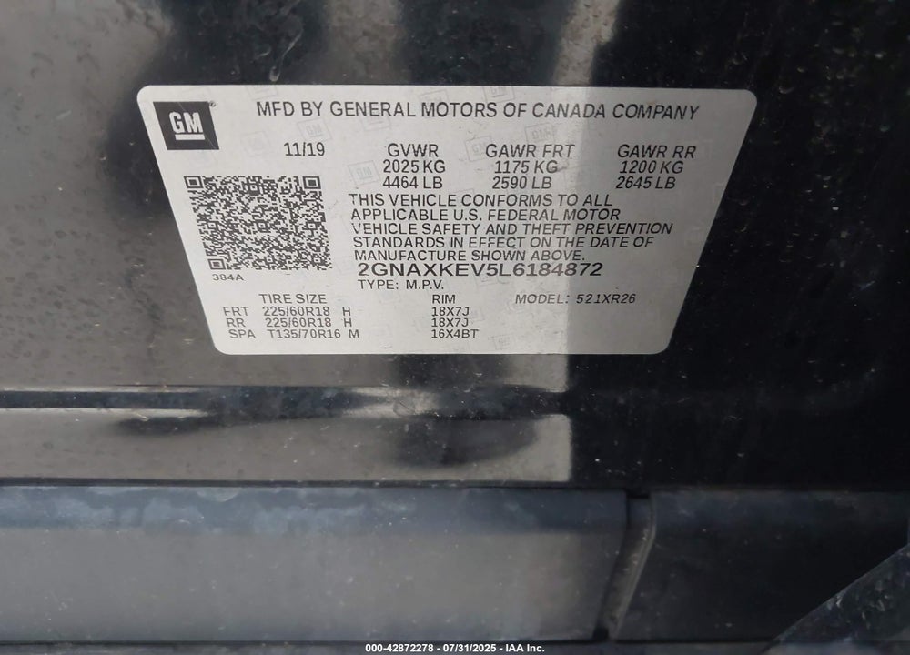2020 CHEVROLET EQUINOX VIN: 2GNAXKEV5L6184872