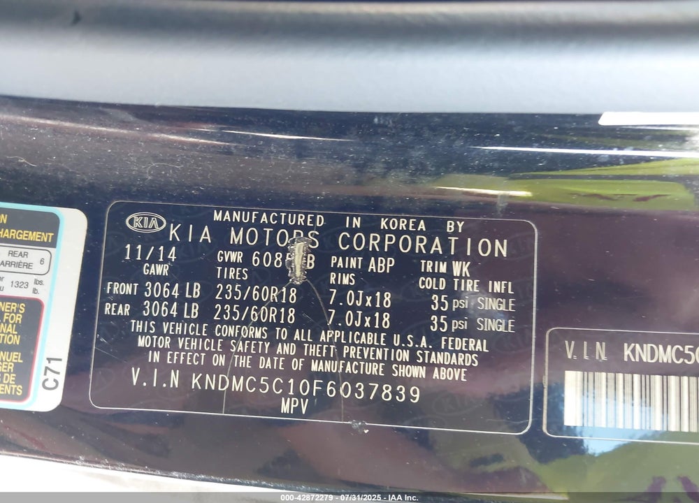 2015 KIA SEDONA VIN: KNDMC5C10F6037839