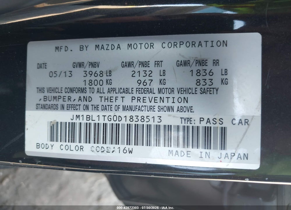 2013 MAZDA 3 VIN: JM1BL1TG0D1838513