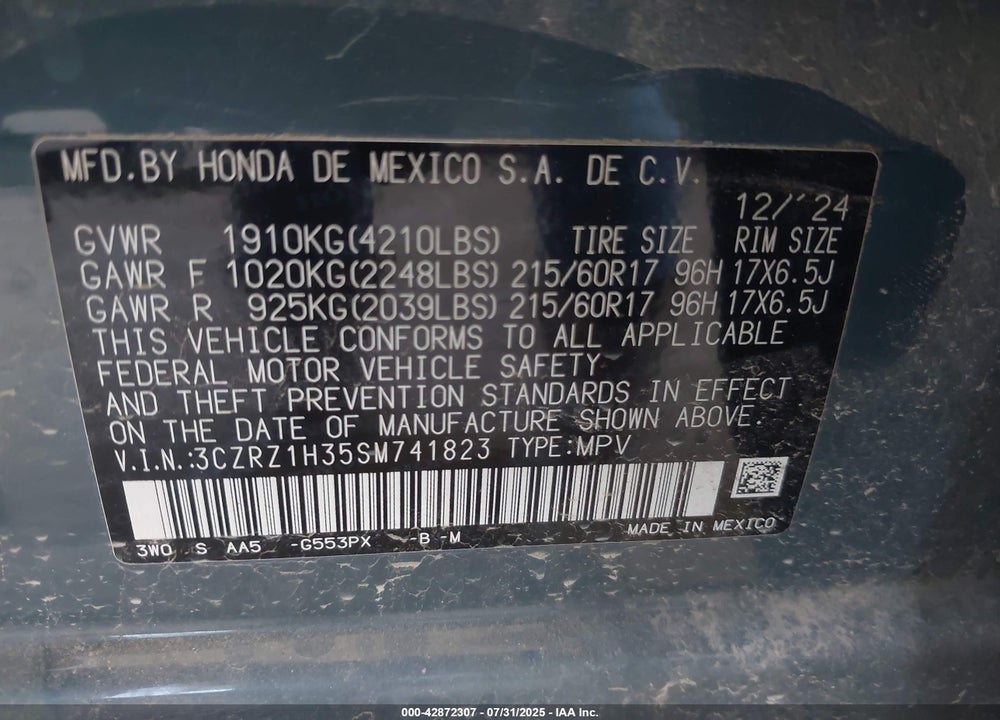 2025 HONDA HR-V 2WD LX VIN: 3CZRZ1H35SM741823