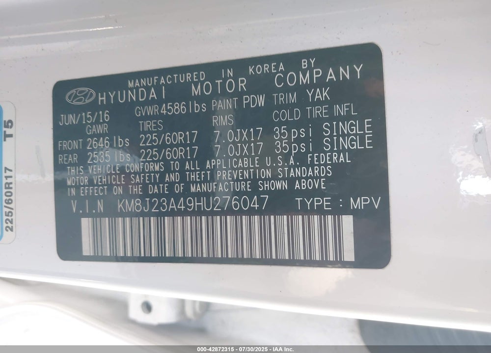 2017 HYUNDAI TUCSON VIN: KM8J23A49HU276047