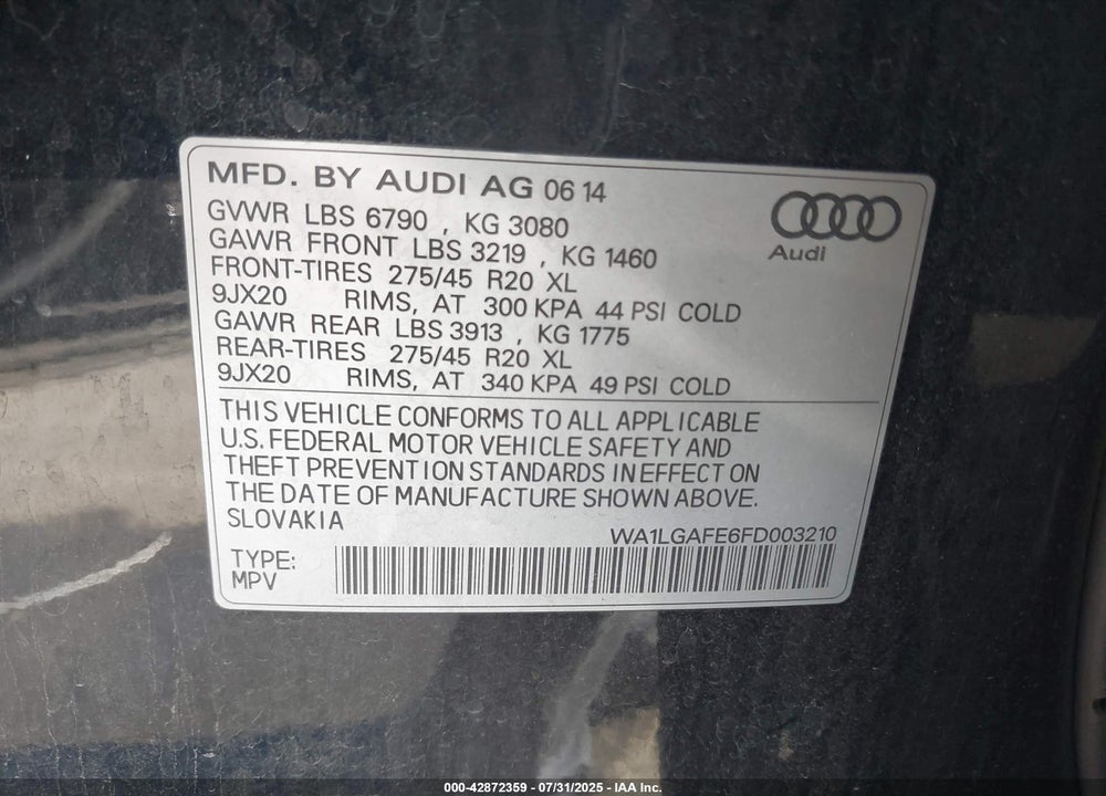 2015 AUDI Q7 3.0T PREMIUM VIN: WA1LGAFE6FD003210
