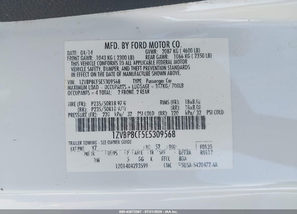 2014 FORD MUSTANG VIN: 1ZVBP8CF5E5309568