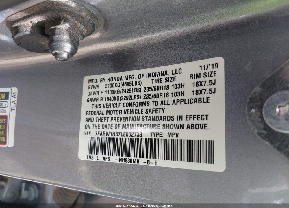 2020 HONDA CR-V VIN: 7FARW1H87LE002733