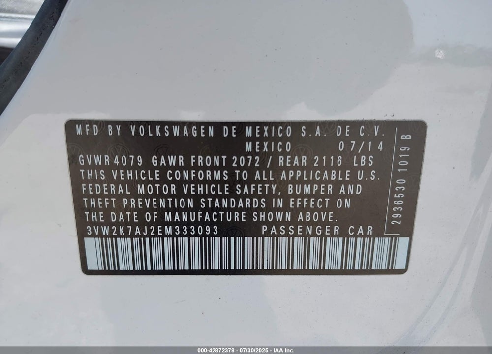 2014 VOLKSWAGEN JETTA VIN: 3VW2K7AJ2EM333093