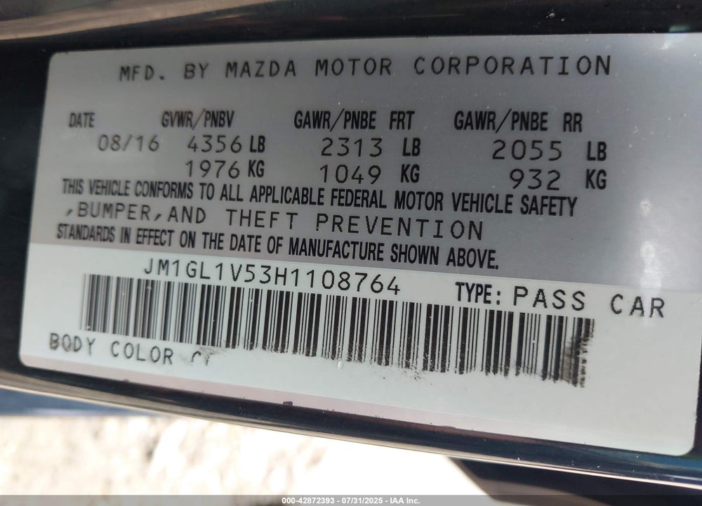 2017 MAZDA 6 TOURING VIN: JM1GL1V53H1108764