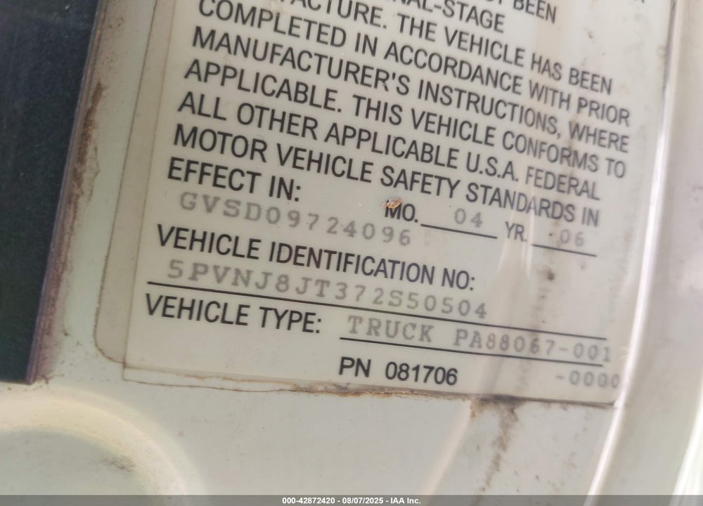 2007 HINO 258/268 VIN: 5PVNJ8JT372S50504