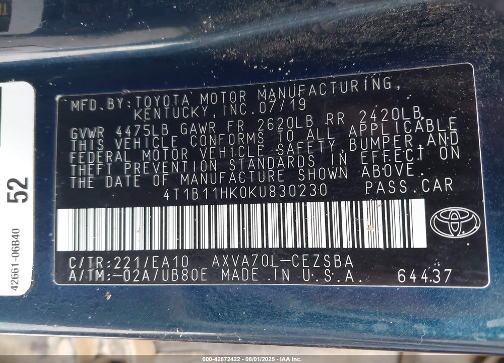 2019 TOYOTA CAMRY VIN: 4T1B11HK0KU830230