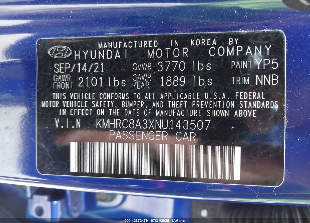 2022 HYUNDAI VENUE VIN: KMHRC8A3XNU143507