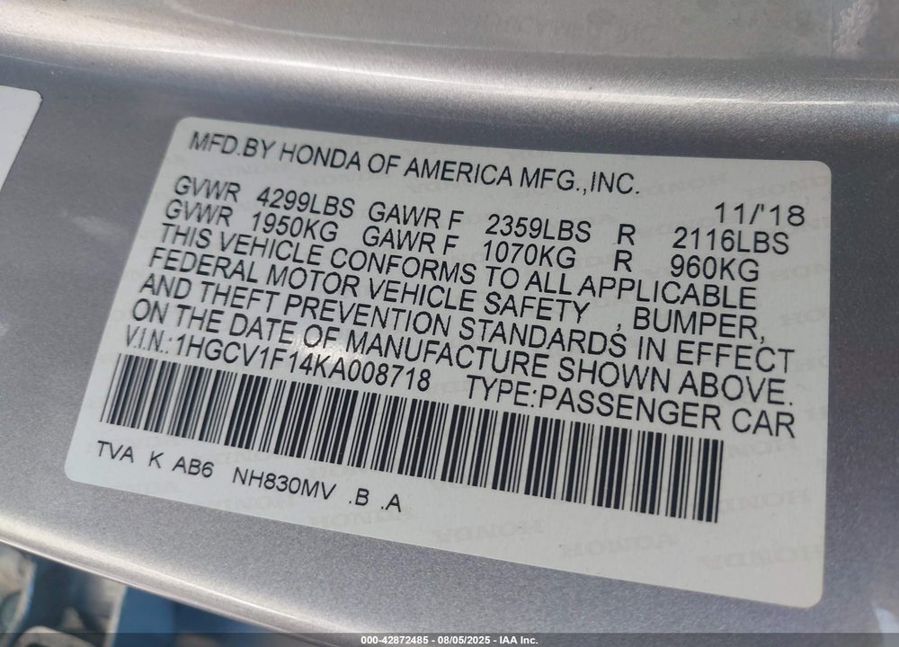 2019 HONDA ACCORD LX VIN: 1HGCV1F14KA008718