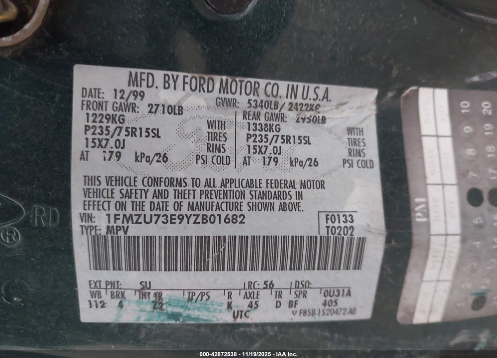 2000 FORD EXPLORER XLT VIN: 1FMZU73E9YZB01682