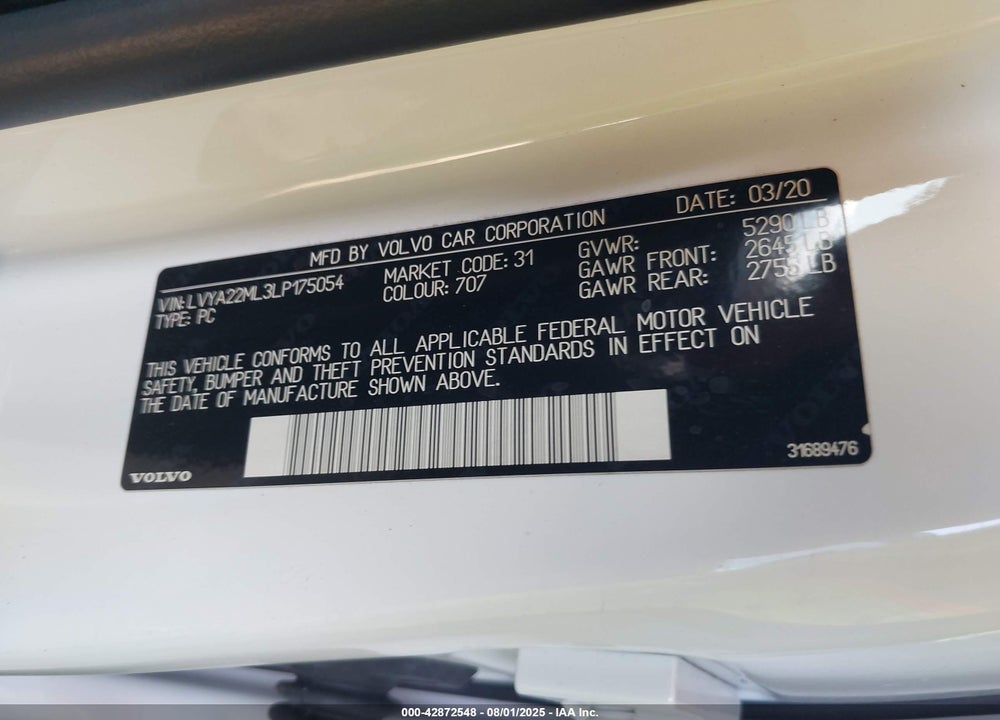 2020 VOLVO S90 VIN: LVYA22ML3LP175054