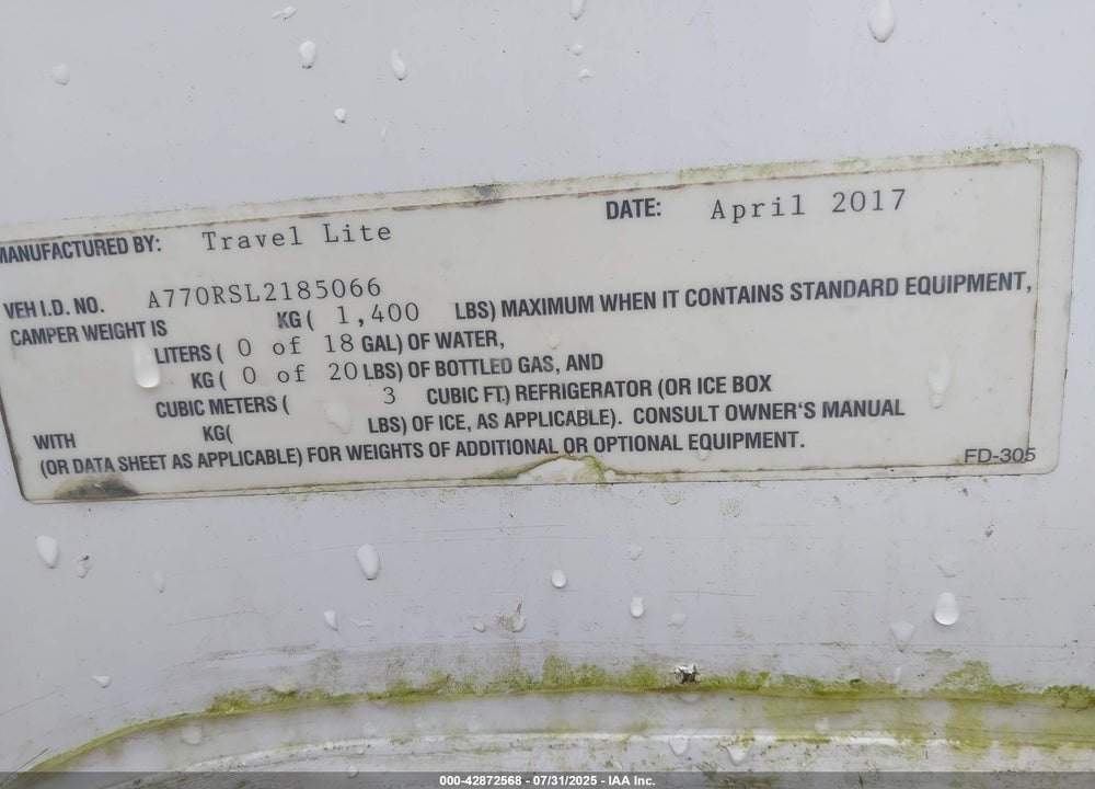 2017 TRAIL LITE OTHER VIN: A770RSL2185066111