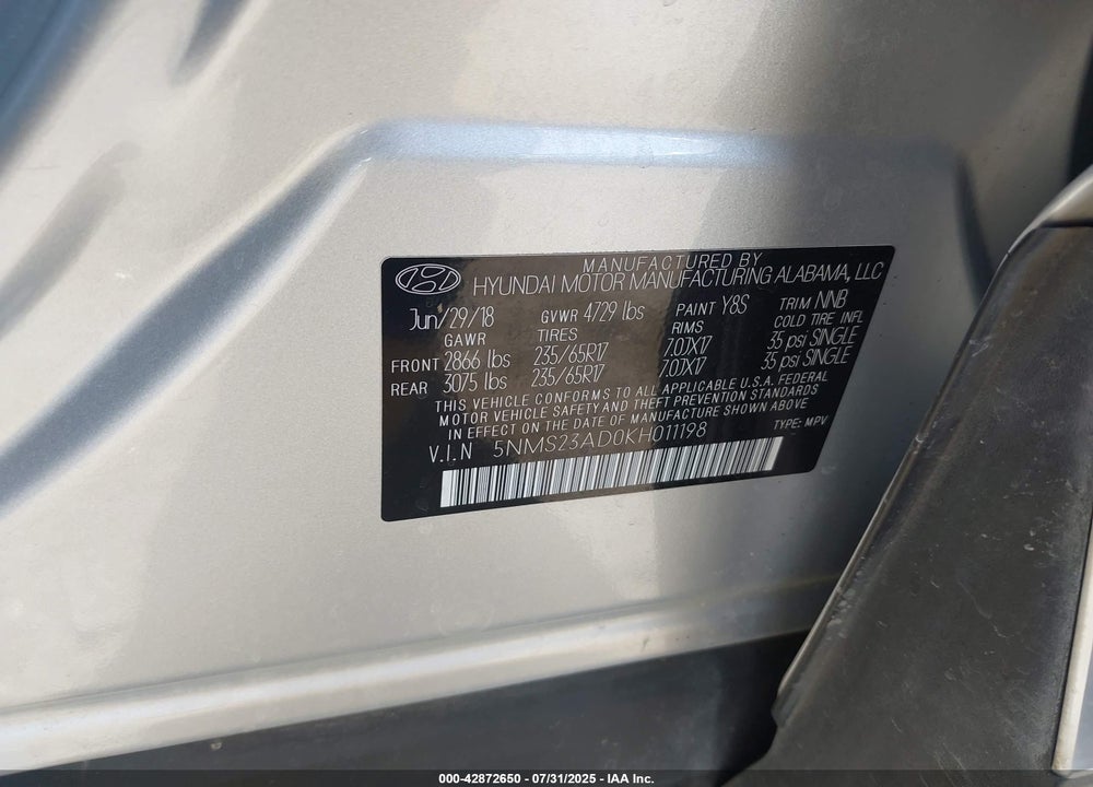 2019 HYUNDAI SANTA FE VIN: 5NMS23AD0KH011198