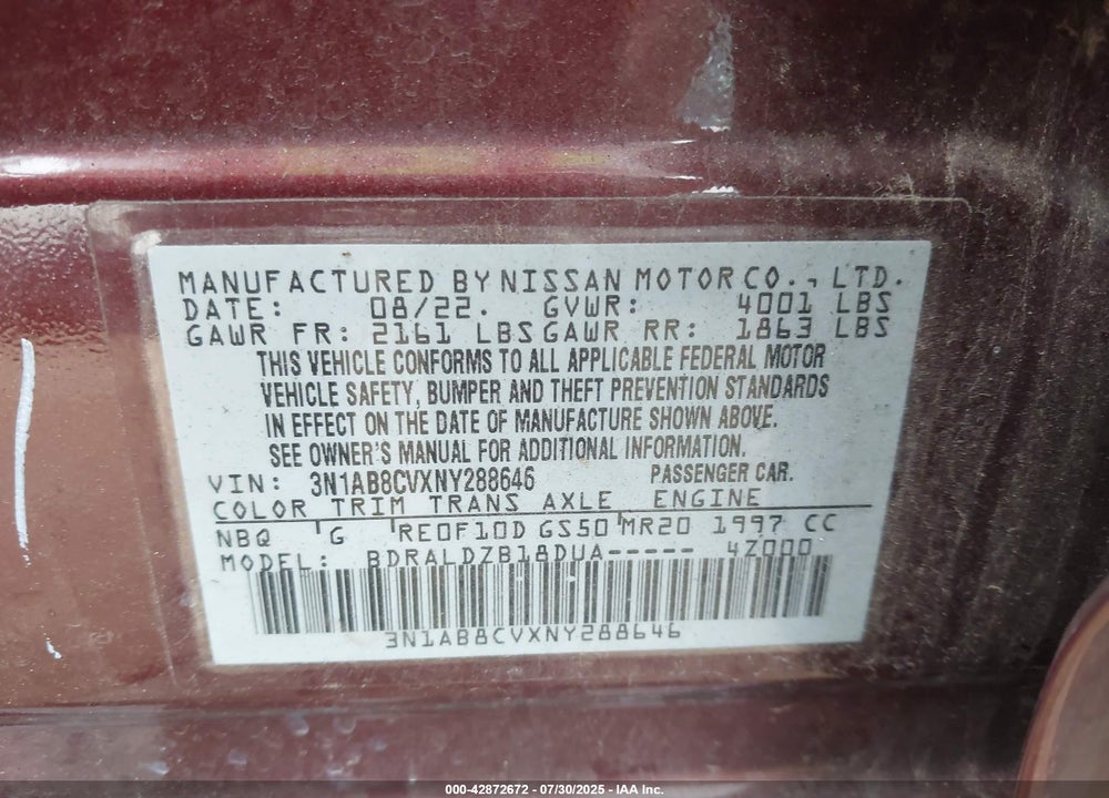 2022 NISSAN SENTRA VIN: 3N1AB8CVXNY288646