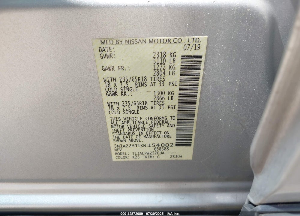 2019 NISSAN MURANO S VIN: 5N1AZ2MJ1KN154002