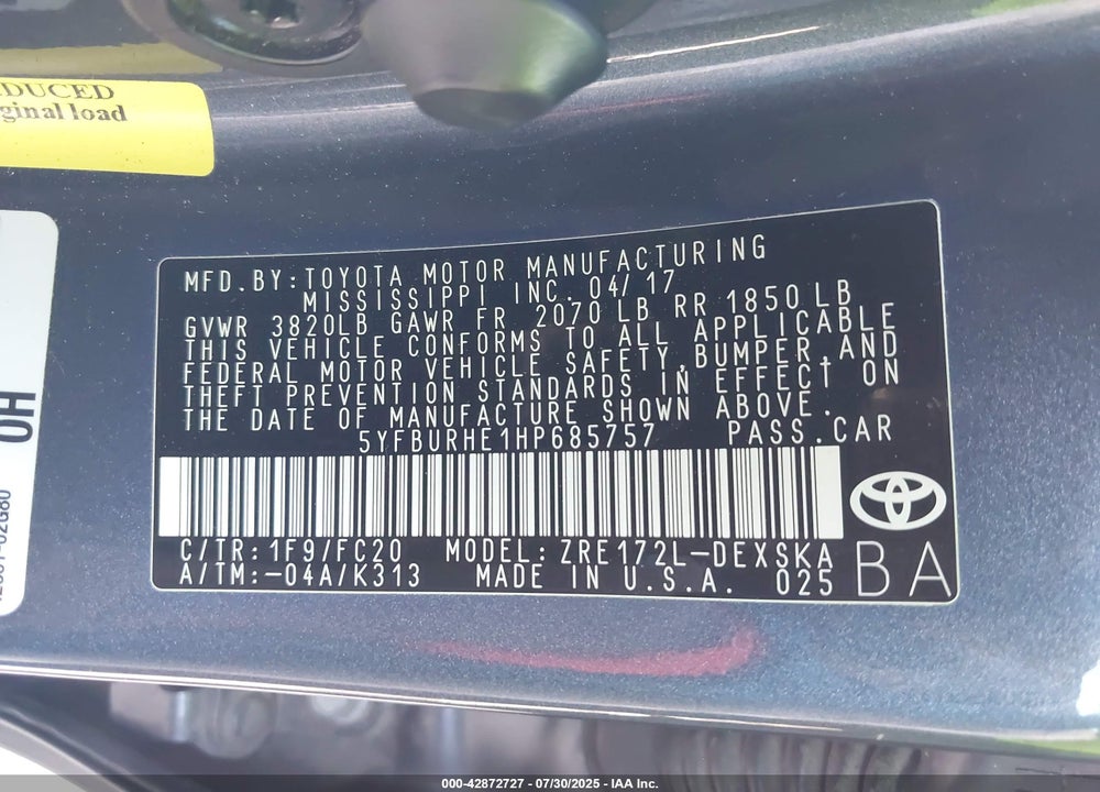 2017 TOYOTA COROLLA VIN: 5YFBURHE1HP685757