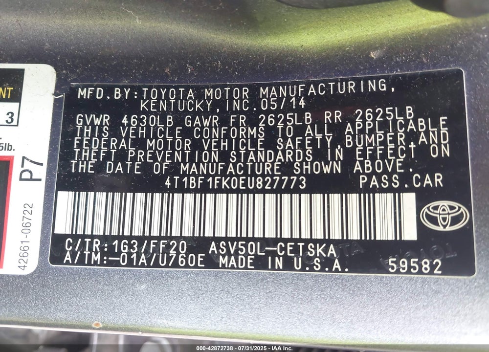 2014 TOYOTA CAMRY VIN: 4T1BF1FK0EU827773