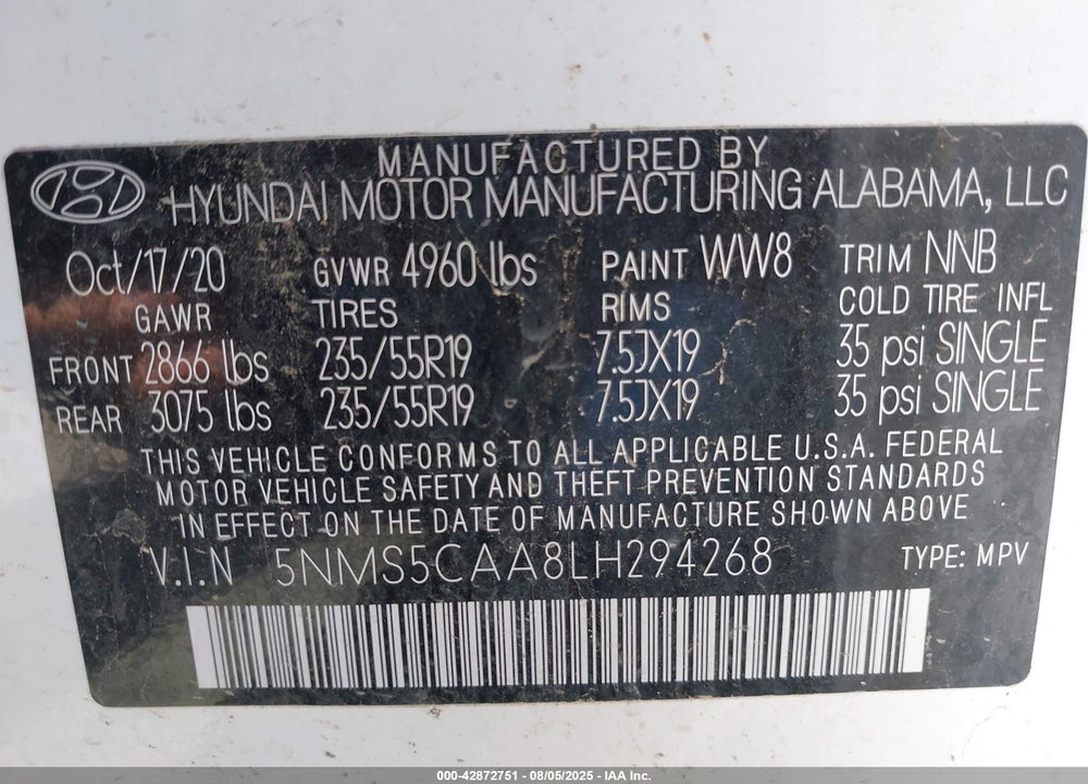 2020 HYUNDAI SANTA FE VIN: 5NMS5CAA8LH294268